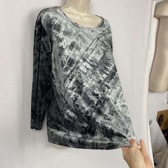 Chicos Top Size 3 Gray Black Stretch Velour Metallic Abstract Dressy Holiday XL - Picture 3 of 9